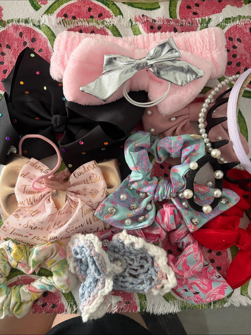 Assorted Hair Bows & Scrunchies Pack - Pink, Black, Mint, Pearl Accents